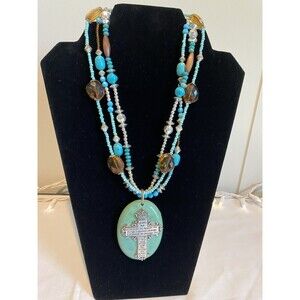 Prayer Cross Necklace Blue-Brown Chunky Big Western Festival Cowgirl